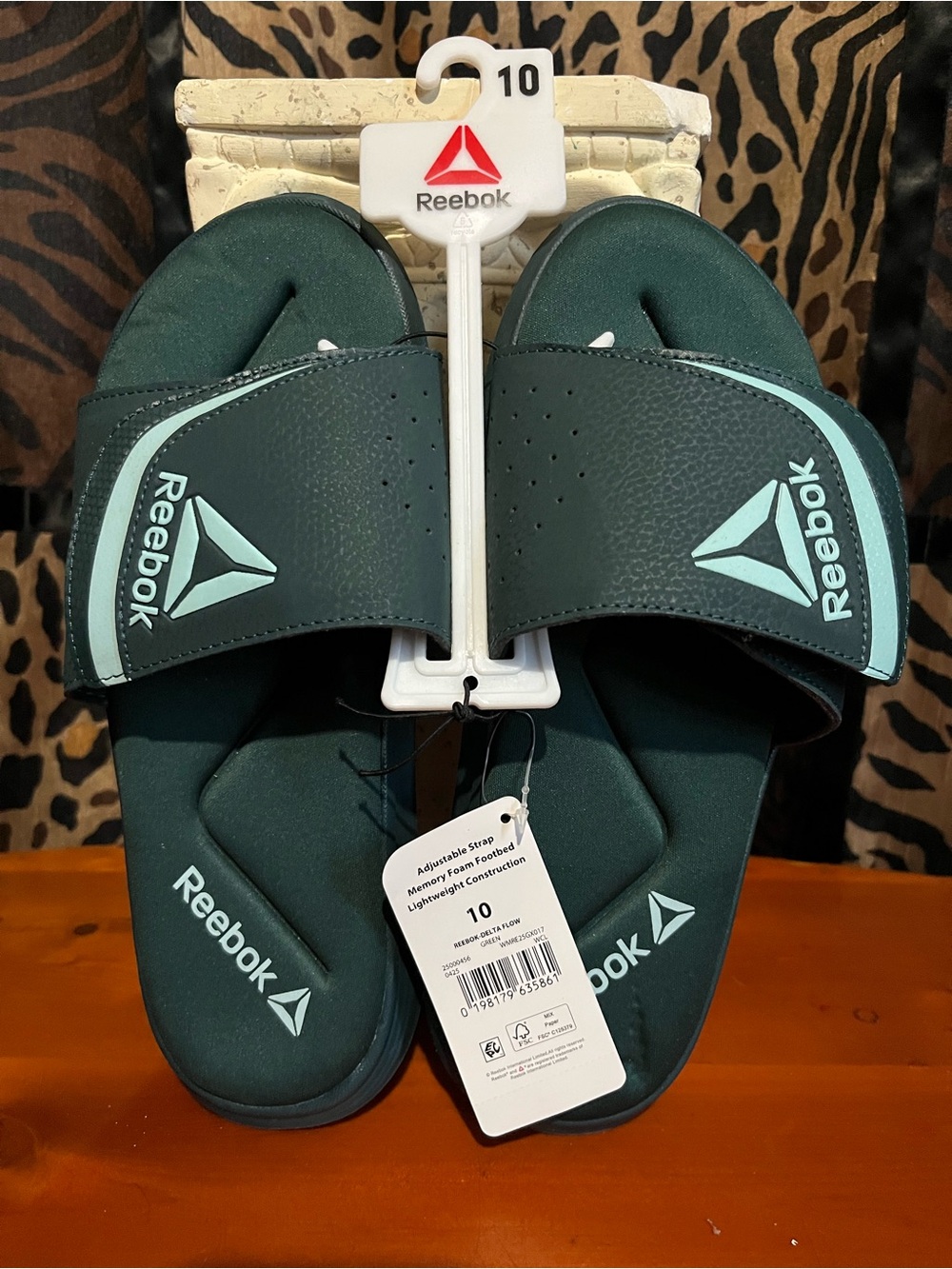 Reebok Women’s Dark Sage Slide Sandals with Mint Accents